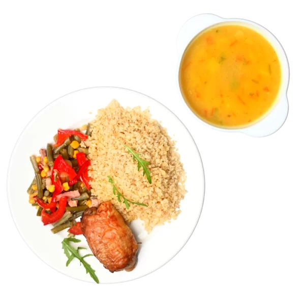 Суп гороховий, салат з шпарагівки, кус-кус, стегно куряче печене