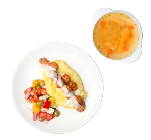 Росіл, салат грецький, картопляне пюре, курячі мітболи