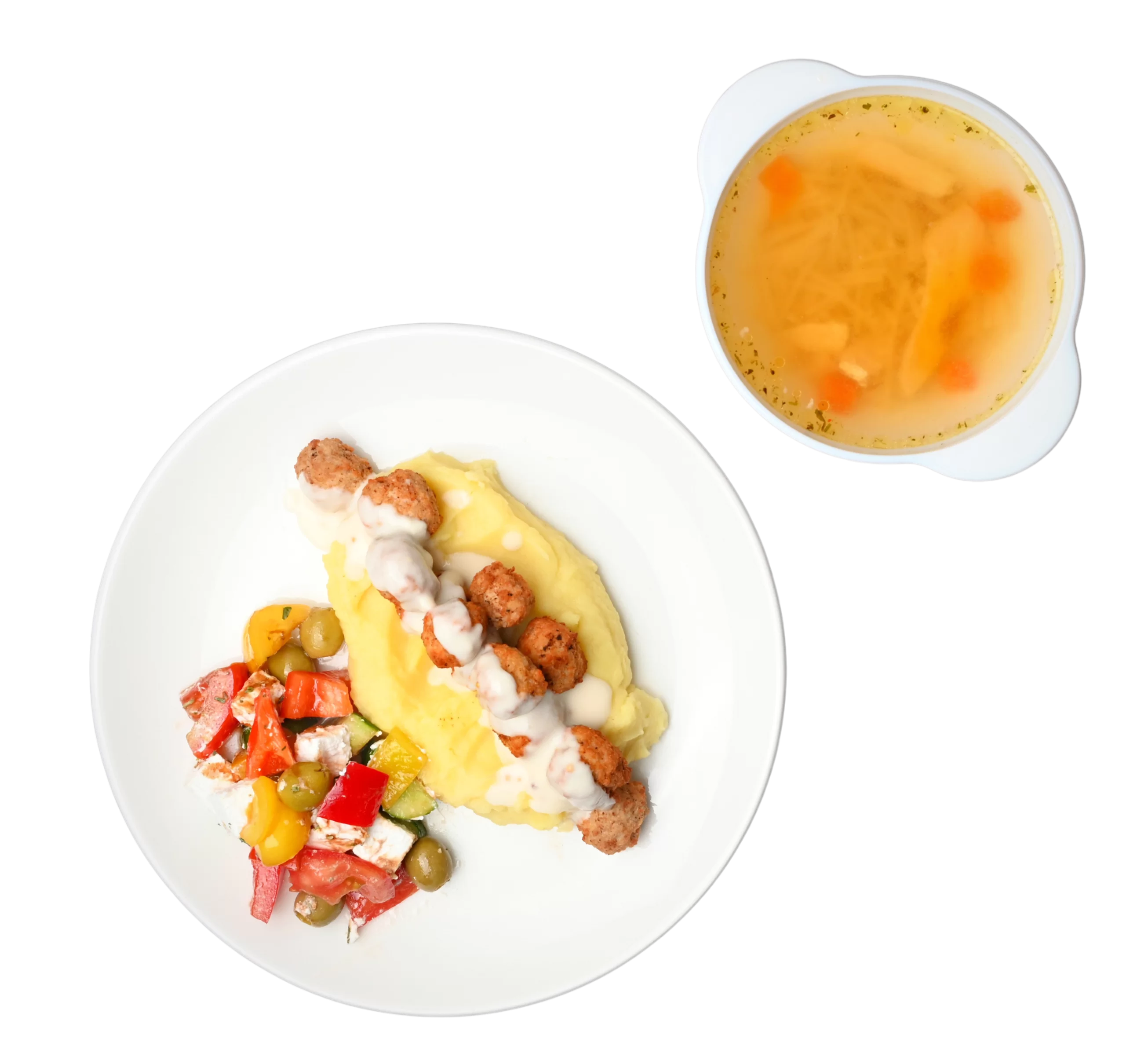 Росіл, салат грецький, картопляне пюре, курячі мітболи